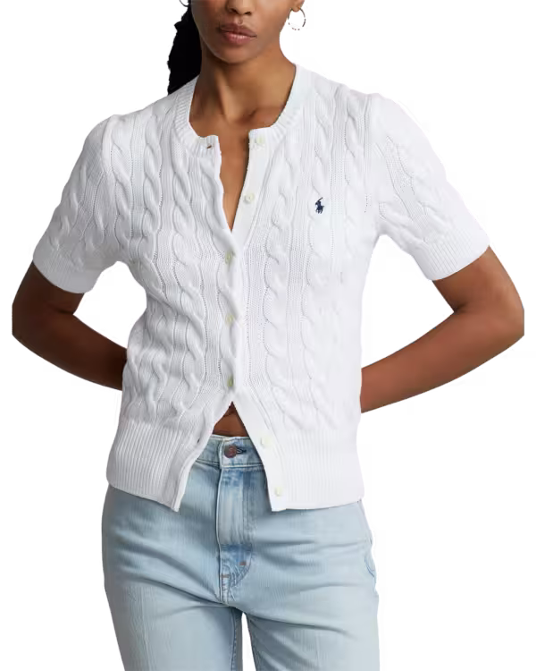 Cable-Knit Short-Sleeve Cardigan White