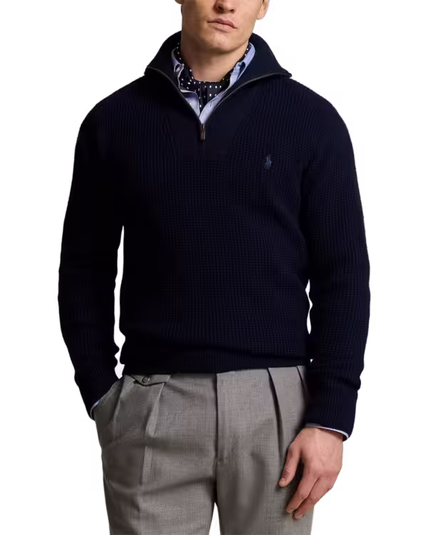 Waffle Wool-Cotton Quarter-Zip Sweater
