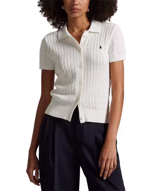 Cable Cotton Short-Sleeve Polo Cardigan