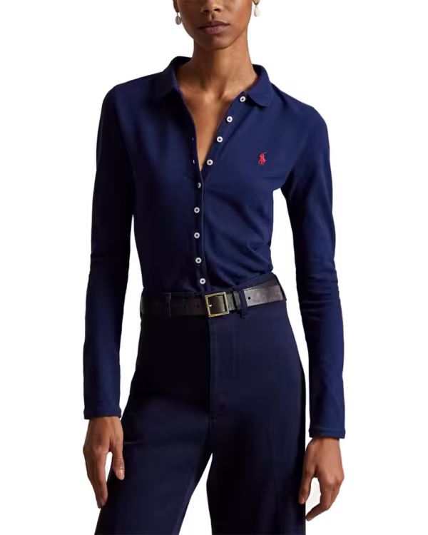 Buttoned-Placket Long-Sleeve Polo Shirt