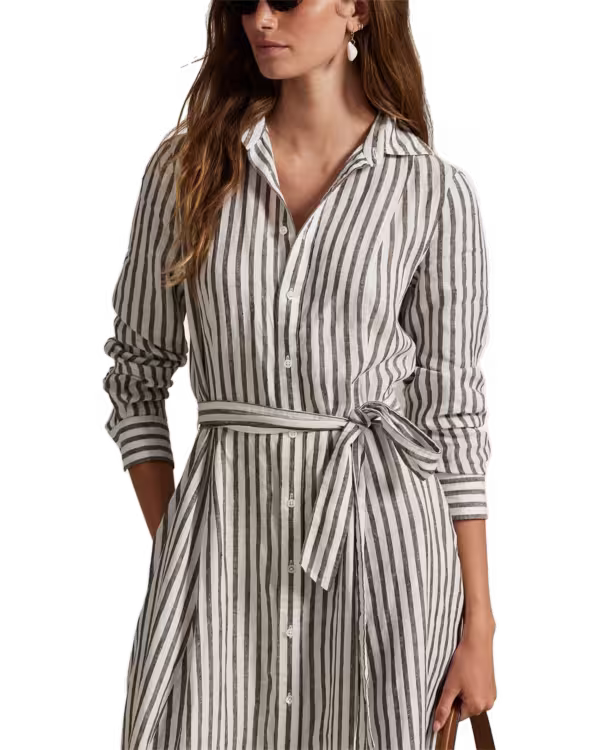 Belted Striped Linen A-Line Shirtdress