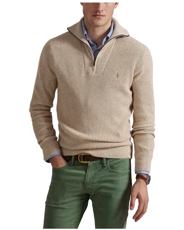 Waffle Wool-Cotton Quarter-Zip Sweater
