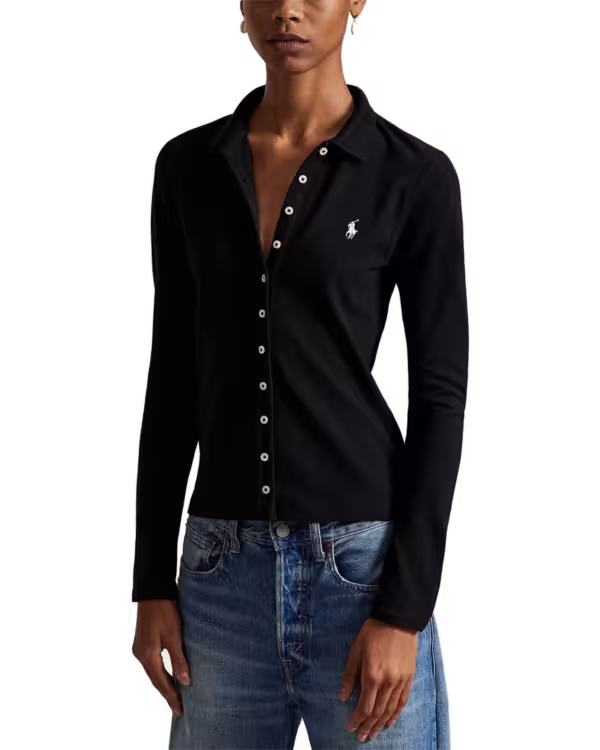 Buttoned-Placket Long-Sleeve Polo Shirt