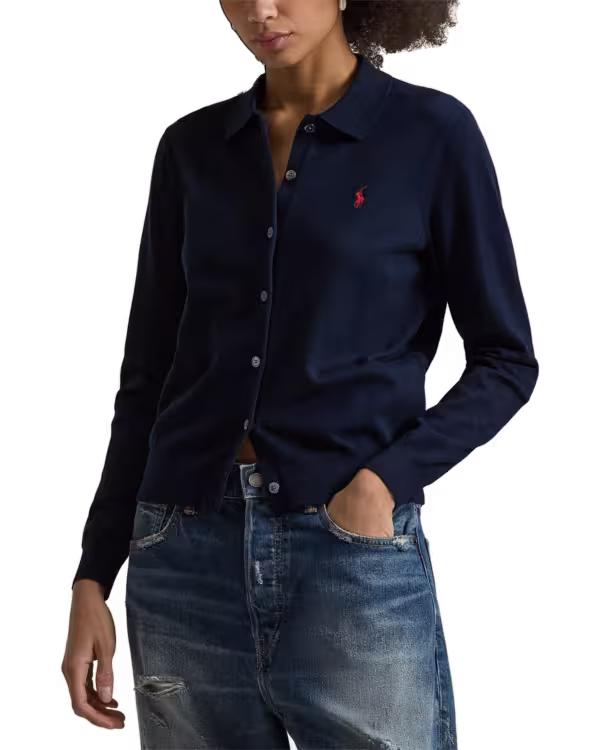 Polo-Collar Buttoned Cardigan