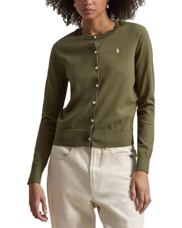 Stretch Cotton-Blend Crewneck Cardigan