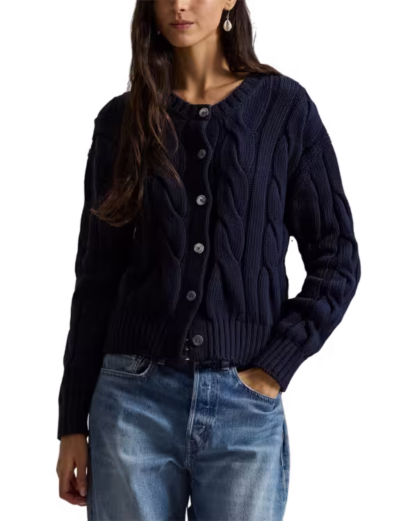 Cable-Knit Cotton Crewneck Cardigan